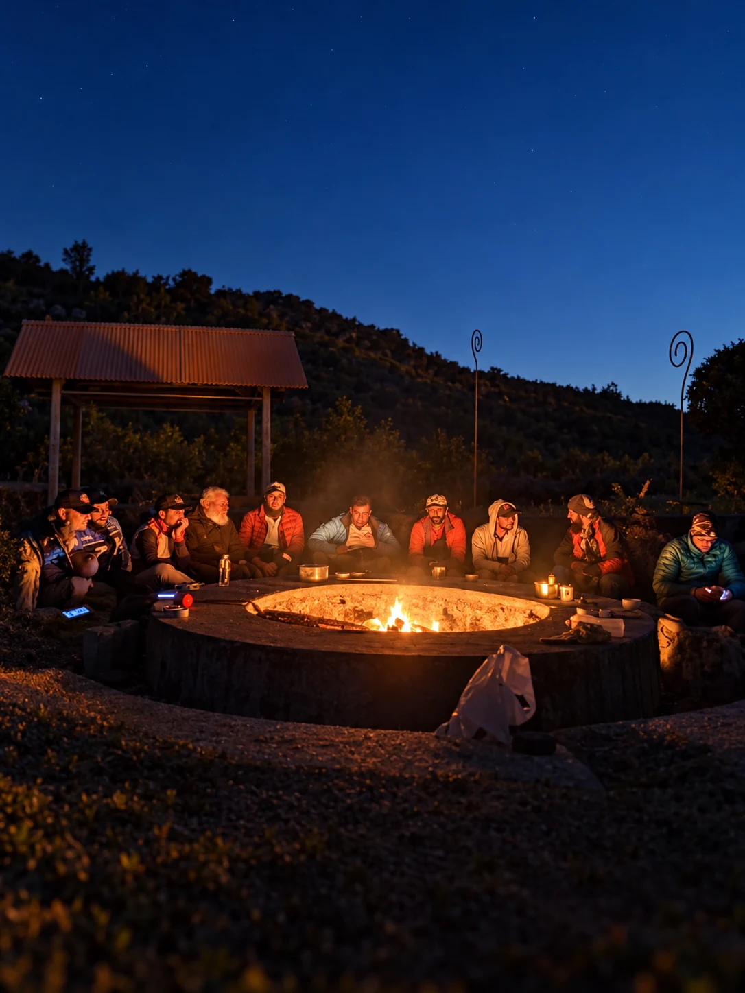 Guests gathered around the outdoor bonfire