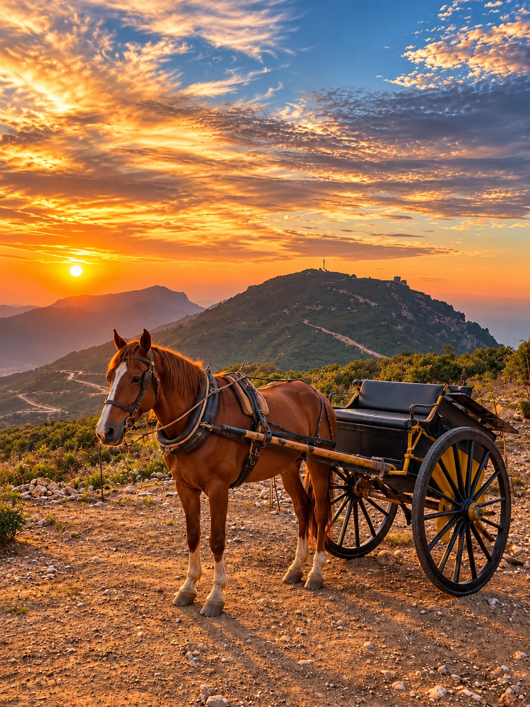 Horse and carriage against a mountain sunset